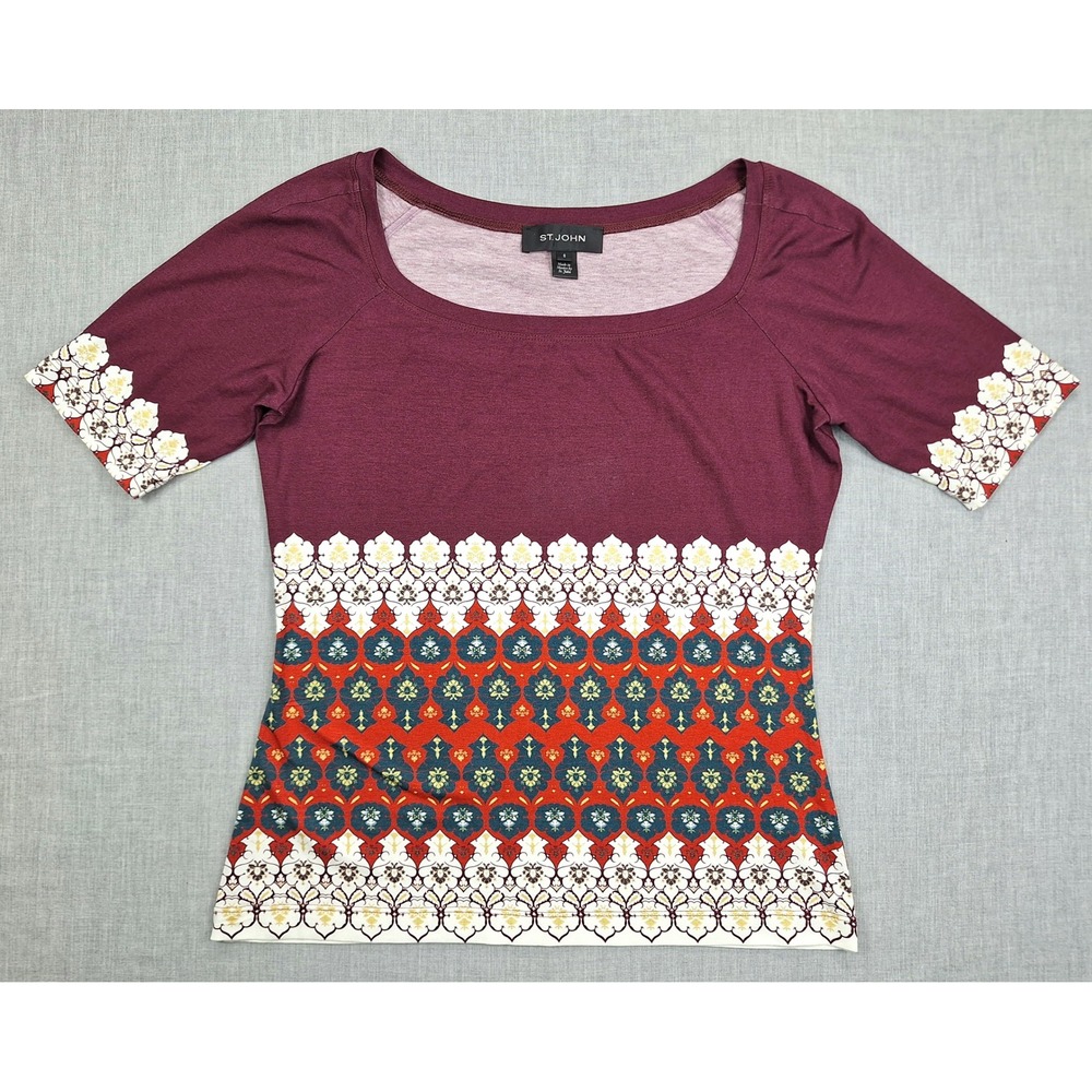 St John Womens Small Burgundy Floral Border Print Scoop Neck Short Sleeve Top